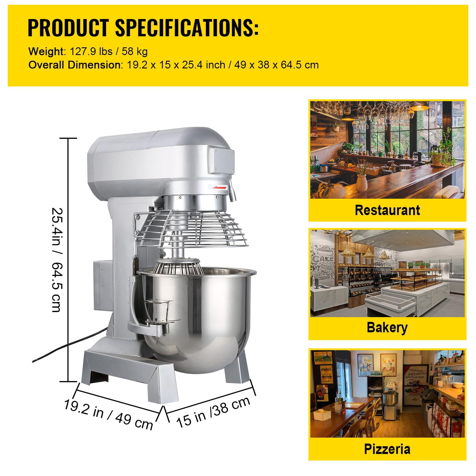 KFFKFF Industrial Kitchen Mixer 15Qt 600W, 3 Variable Speeds 110/178/390 RPM, Robust 110V, Comes with Stainless Steel Bowl, Dough Hooks, Whisk, Beater for Educational Institutions, Bakeries