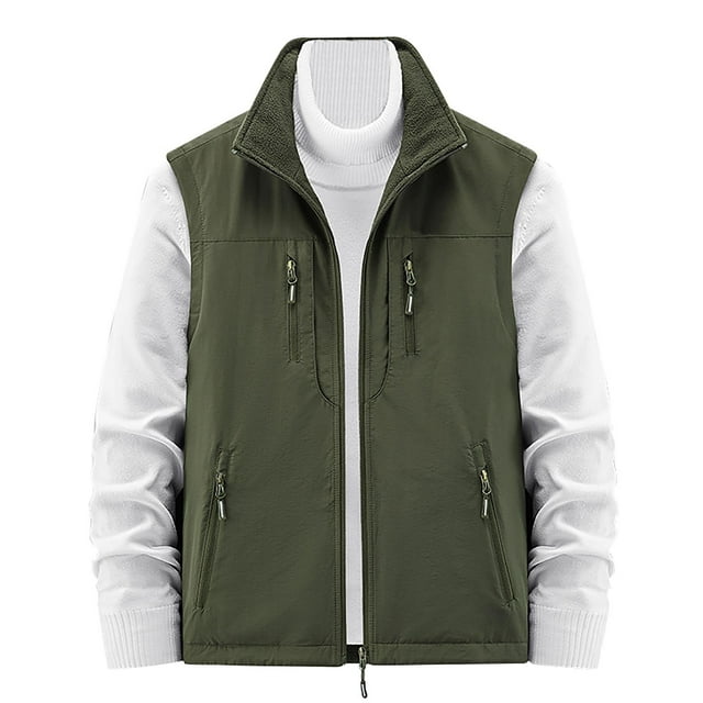 Men's Vest Fall Multi Pocket Turn Down Collar Have Zipper Solid Color Warm Outerwear Vest