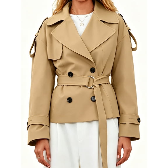 Spring Fall Women Long Sleeve Solid Double Breasted Lapel Trench Coat with Belt