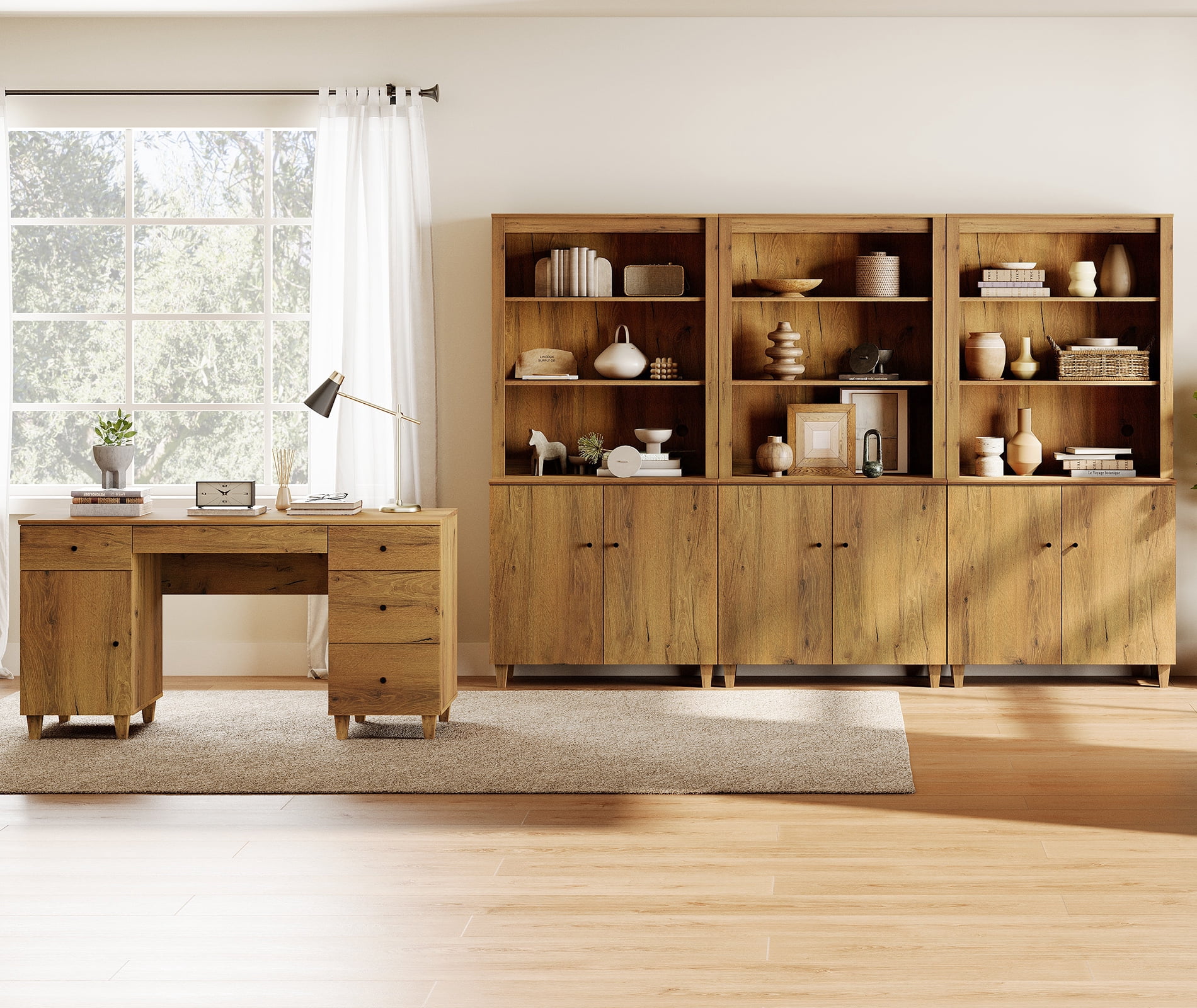 WAMPAT Home Office Furniture Set, 58" Executive Desk with Charging Station and Cabinet, 3-Column 71" Tall Bookcase with Doors and Adjustable Shelves for Living Room,Dark Brown Wood