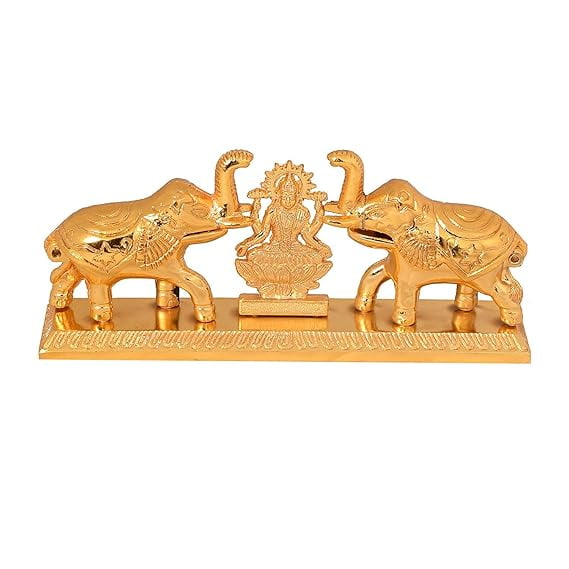 Swadeshi Desire Metal Elephant Pair with Laxmi Idol Chandan Roli Pair Kumkum Box for Gift and Pooja Purpose Decorative Showpiece - 7 cm