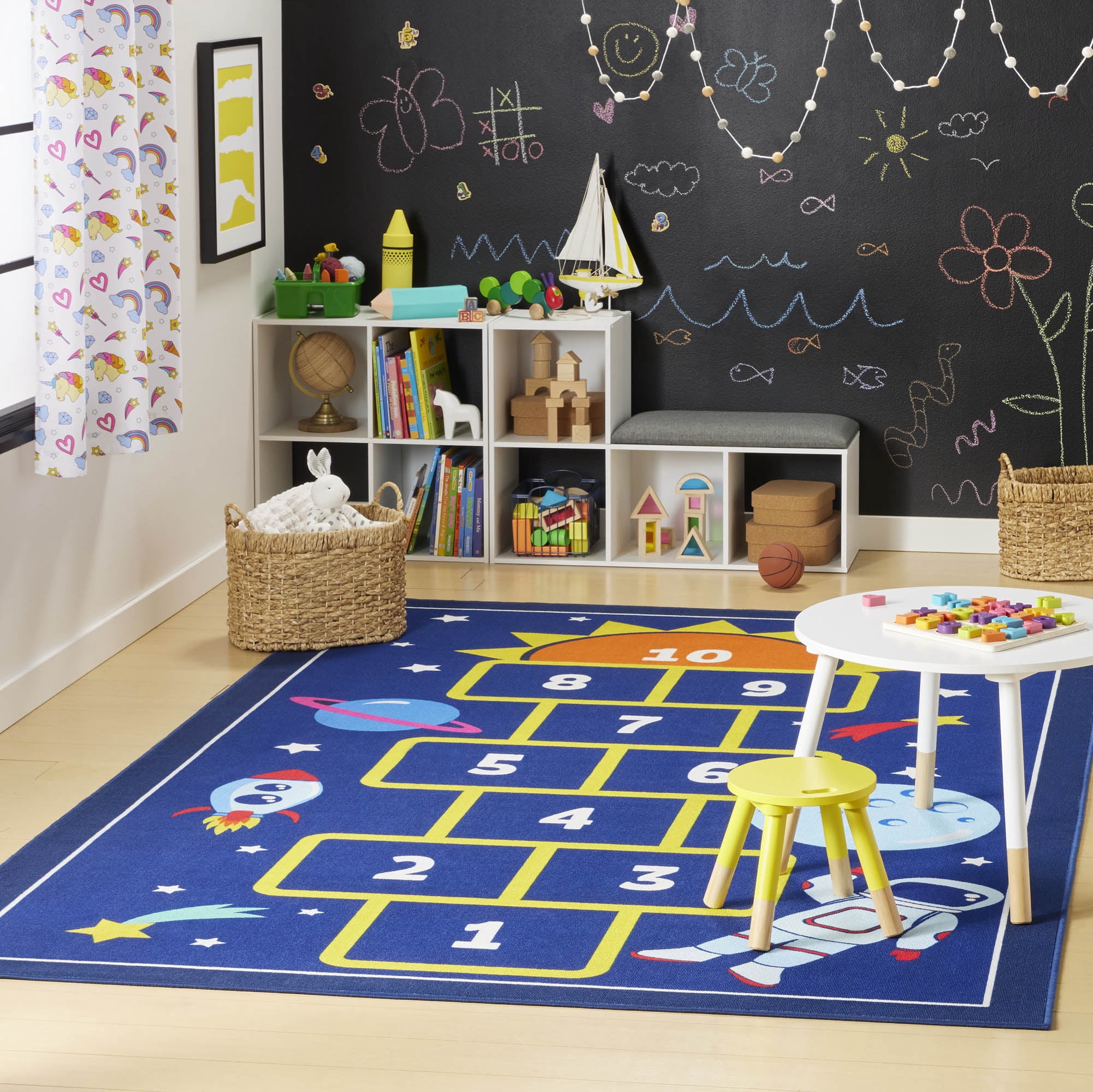 Everwash™ Imagine Hopscotch Space Kids Machine Washable Area Rug, Blue/Yellow, 6'x9'