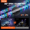 thumbnail image 2 of VEVOR 2 PCS 3 FT Whip Light, APP & RF Remote Control Led Whip Light, Waterproof 360° Spiral RGB Chasing Lighted Whips with 4 Flags, for UTVs, ATVs, Motorcycles, RZR, Can-am, Trucks, Off-road, Go-karts, 2 of 9