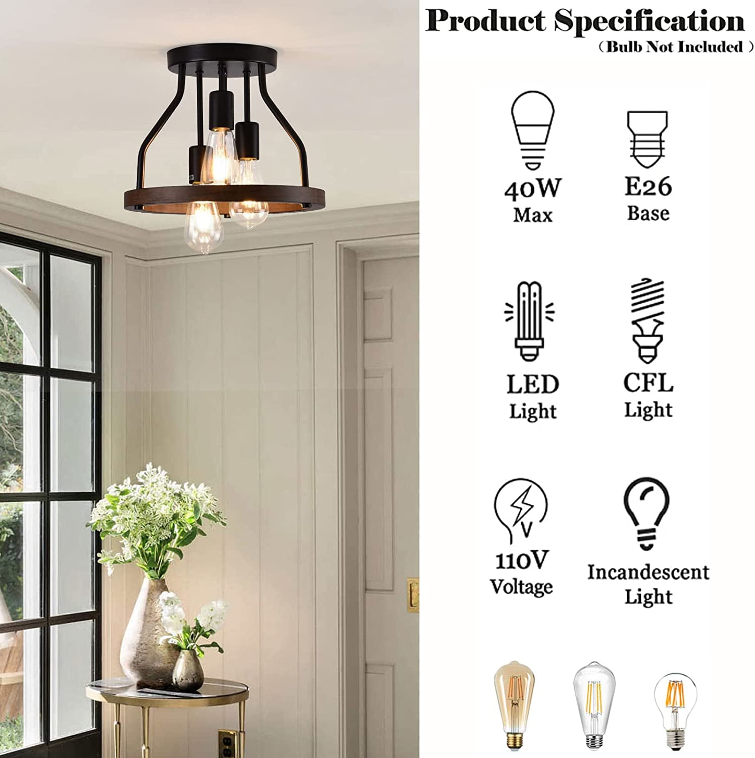 FETCOI 3-Light Flush Mount Ceiling Light, Wood Frame + Black Metal Shade Rustic Farmhouse Ceiling Lamp Fixture for Kitchen Dining Room Hallway Bedroom Study Living Room