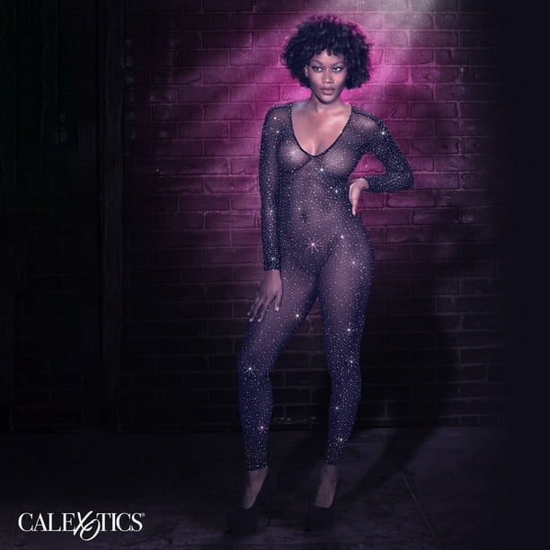 Radiance Glitter Rhinestone Deep V Mesh Bodysuit Lingerie