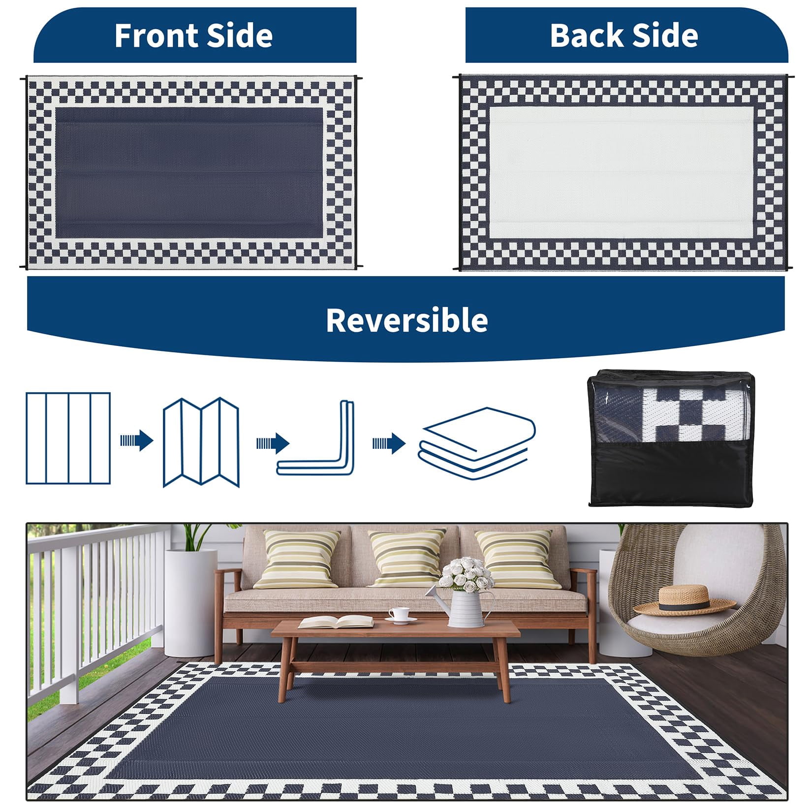 Outdoor Rug, Waterproof Reversible Patio Rug, Extra Large Plastic Straw Area Rug for Camping, RV, Backyard