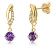 Gem Stone King 14K Yellow Gold Purple Amethyst and Lab Grown Diamond Earrings for Women | 0.71 Cttw | Gemstone February Birthstone | Round 4.5MM