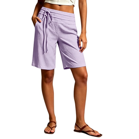 Bermuda Shorts for Women with Pockets Knee Length Elastic Waisted Long Shorts Casual Workout Side Tie Shorts with Pockets Light Purple M