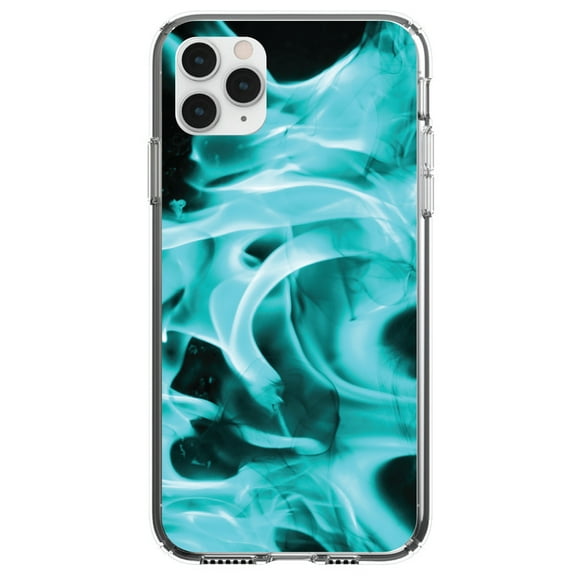 DistinctInk Clear Shockproof Hybrid Case for iPhone 13 (6.1" Screen) - TPU Bumper, Acrylic Back, Tempered Glass Screen Protector - Teal Black Flame Fire - Printed Image of Fire