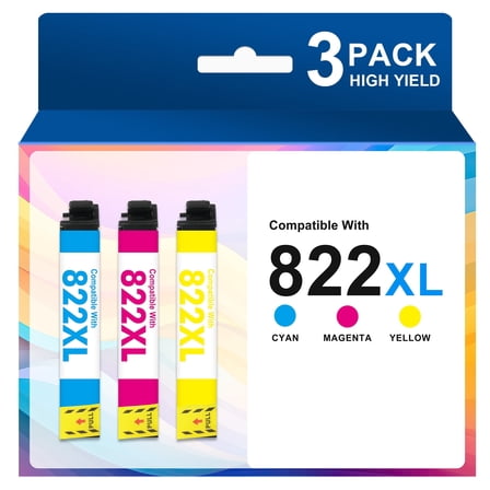 822 XL Ink Cartridges 3 Pack, Compatible for Epson 822XL 822 Color Printer Ink for WorkForce Pro WF-3820 WF-4820 WF-4830 WF-4833 WF-4834 WF-3823 (Cyan, Magenta, Yellow)