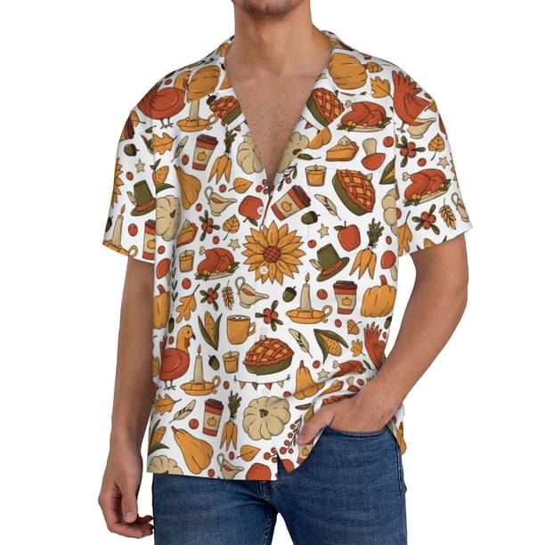 Balery Thanksgiving Food Camisa Casual de Manga Corta con Botones para Hombre, Texturizada, Estilo Cubano, para Playa, Verano-Small