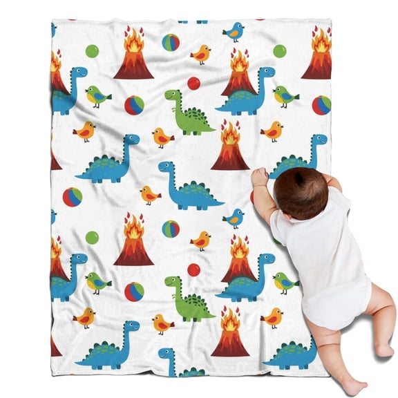 White Dinosaurs Volcanoes Birds Pattern Blanket,Comfortable Soft Flannel Throw Blanket,All Season,Warm Lightweight Blankets for Sofa Bed Couch Living Room Chair,30"x40"