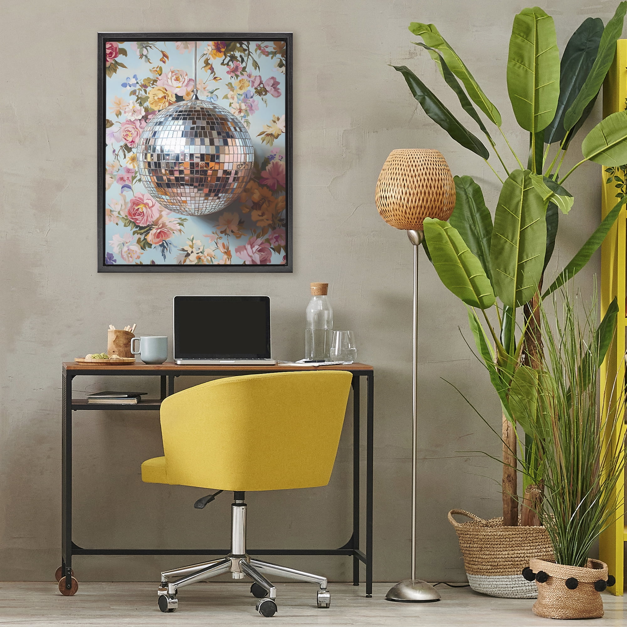 Stupell Industries Floral Disco Ball Reflection Black Framed Floater Canvas Wall Art, design by LSR Design Studio