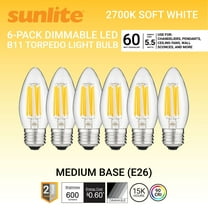 Sunlite LED Filament B11 Torpedo Chandelier Light Bulb, 5.5 Watts (60W Equivalent), Medium E26 Base, Dimmable, Clear, UL Listed, 90 CRI, 2700K Warm White, 6-Pack