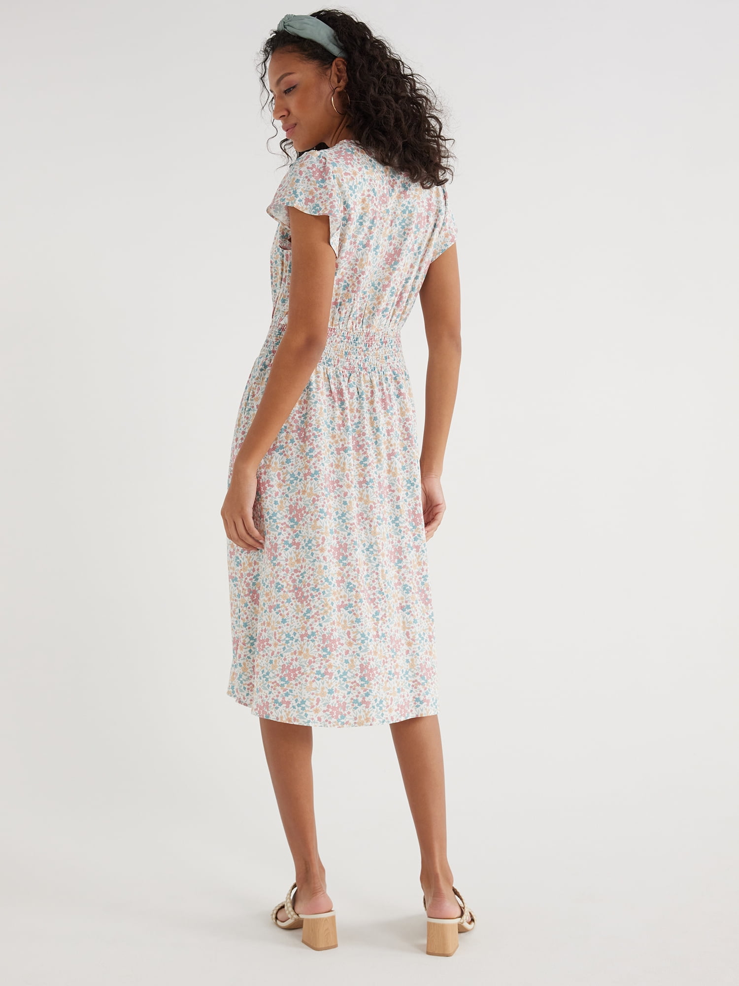 Time and Tru Women’s Smocked Waist Midi Dress with Short Sleeves, Sizes XS-XXXL