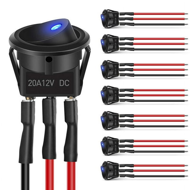 8 Piezas 12V 20A Redondo Azul Interruptor Basculante LED Control de Encendido-Apagado SPST 3 para 12V Coche CamióN con 24 Piezas Cables