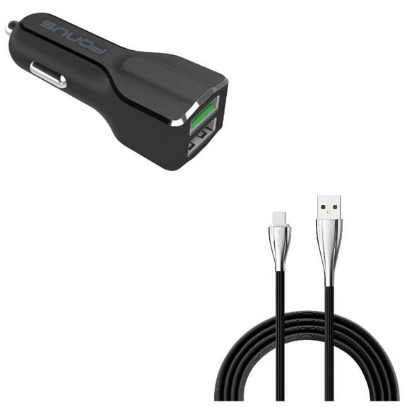 Charger Cord Type-C 6ft USB Cable w 2-Port USB 30W Car Charger W9L for Motorola Moto Z Force Droid X4, Revvlry Plus, G7 Power Play G6 - Nokia 3.1, 7.1, 8, Plus - OnePlus 5T, 6, 6T, 7 Pro