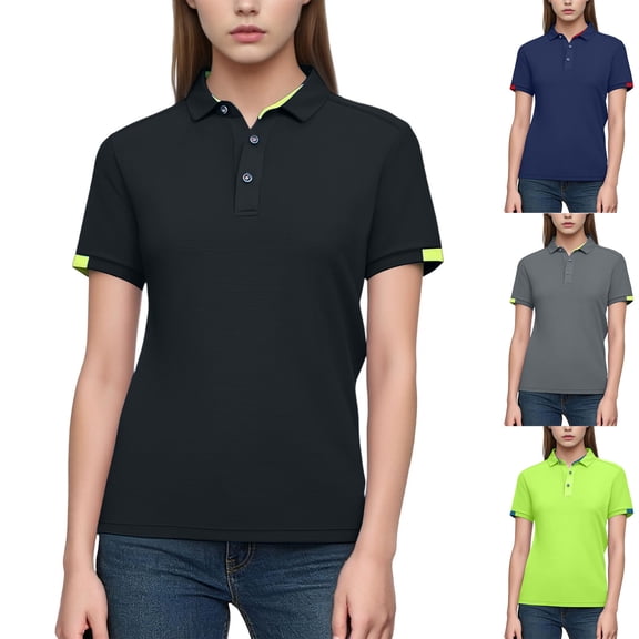 Feancey Women's Golf Short Sleeve Shirts Lightweight Contrast Color Collared T Shirt 3-Button Casual Summer Tops Loose Fitted Plus Size Polos Navy 3XL
