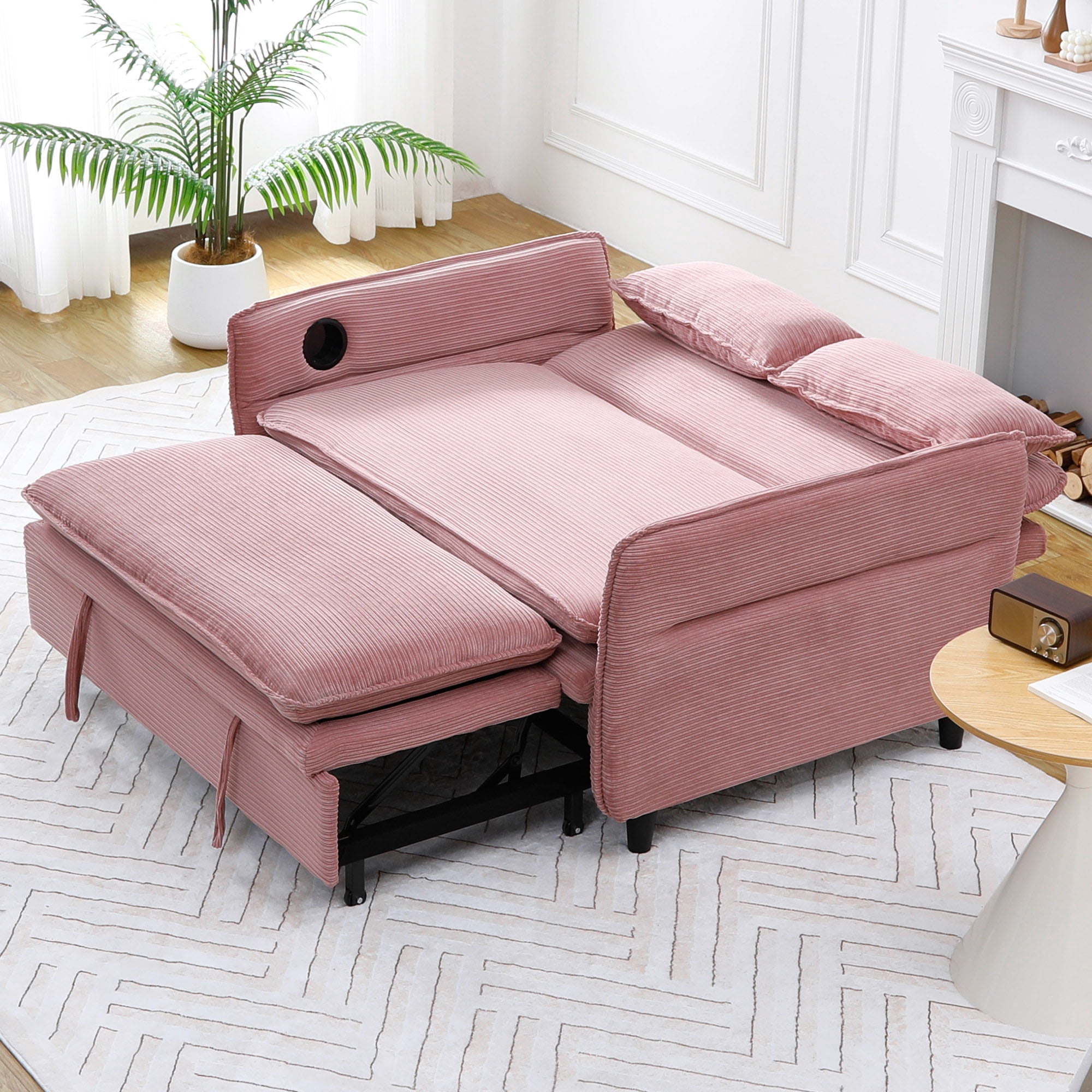 Gewnee 66''Pull-Out Sofa Bed,Adjustable Armrests and Backrests with Cup Holders,Multi-Functional Sofa Bed Suitable for Living rooms and Bedrooms.(Pink)