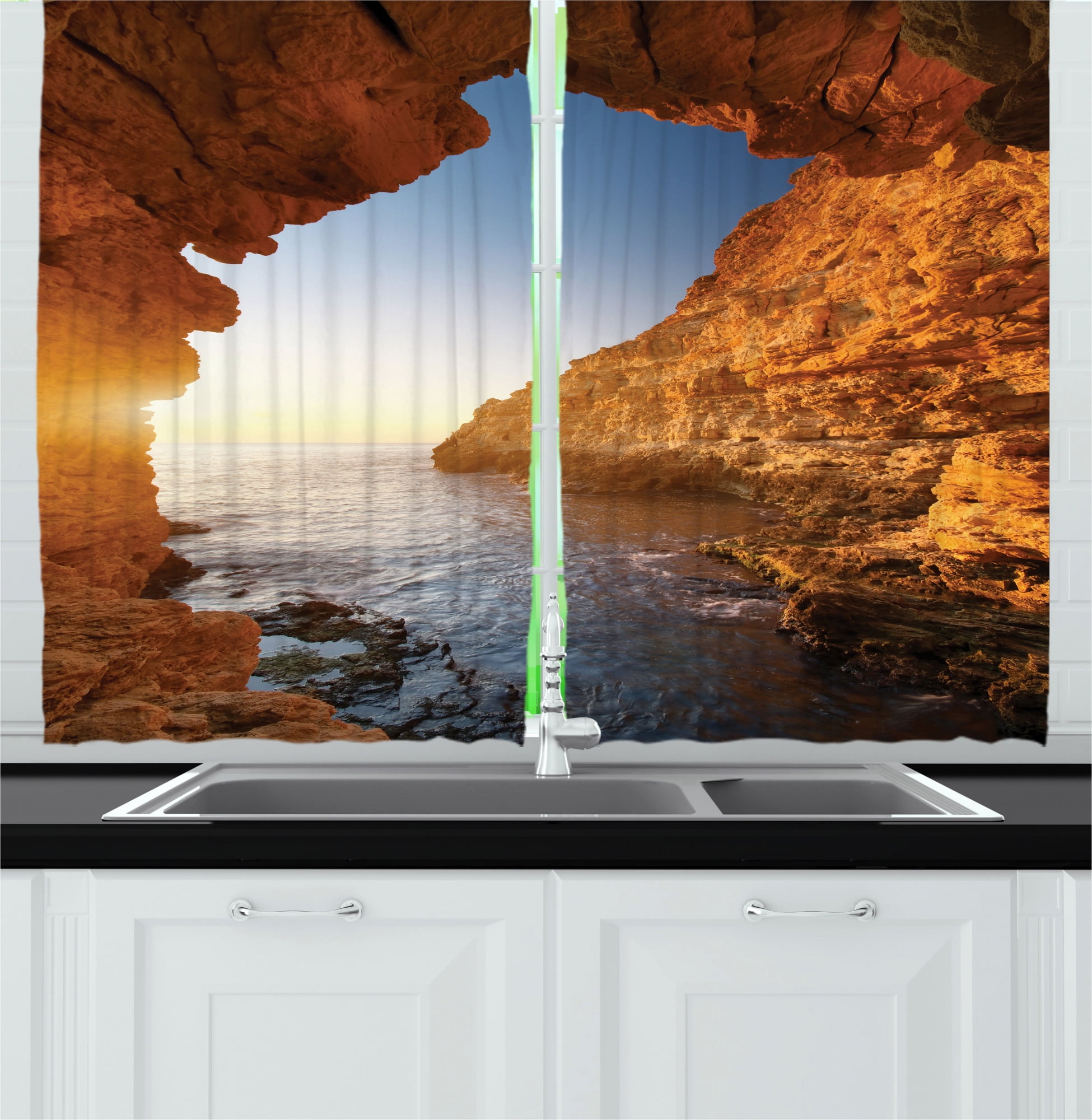 Beach Kitchen Curtains Sunset In Pacific Paradise Ocean Cave With Morning Horizon Stone Calm Seacoast Art Two Panels Drapes With Rod Pocket Room Decor 55 X 45 Cream Blue By Ambesonne