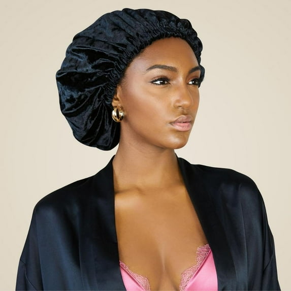 Swirly Curly Black Velvet Hair Bonnet for Women, Natural, Curly Hair, Velvet Sleep Cap