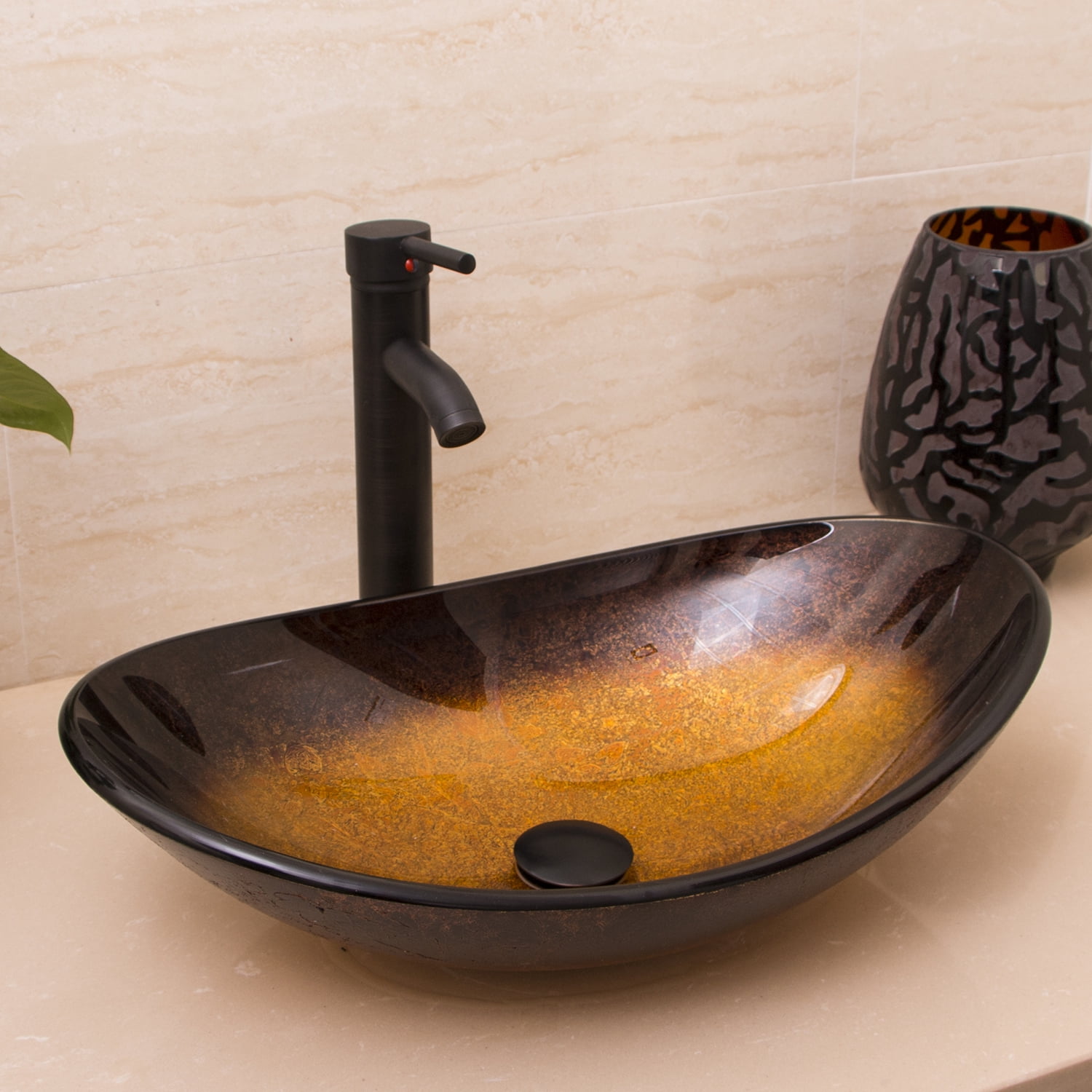 Walcut Oval Bowl Countertop Bathroom Glass Vessel Sink Faucet & Pop-up Drain Combo Set