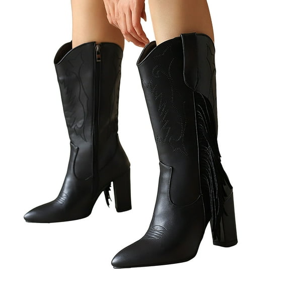 Fringe Cowboy Boots for Women Block High Heel Fashion Embroidery Pointed Toe Zip up Winter Dress Mid Calf Booties