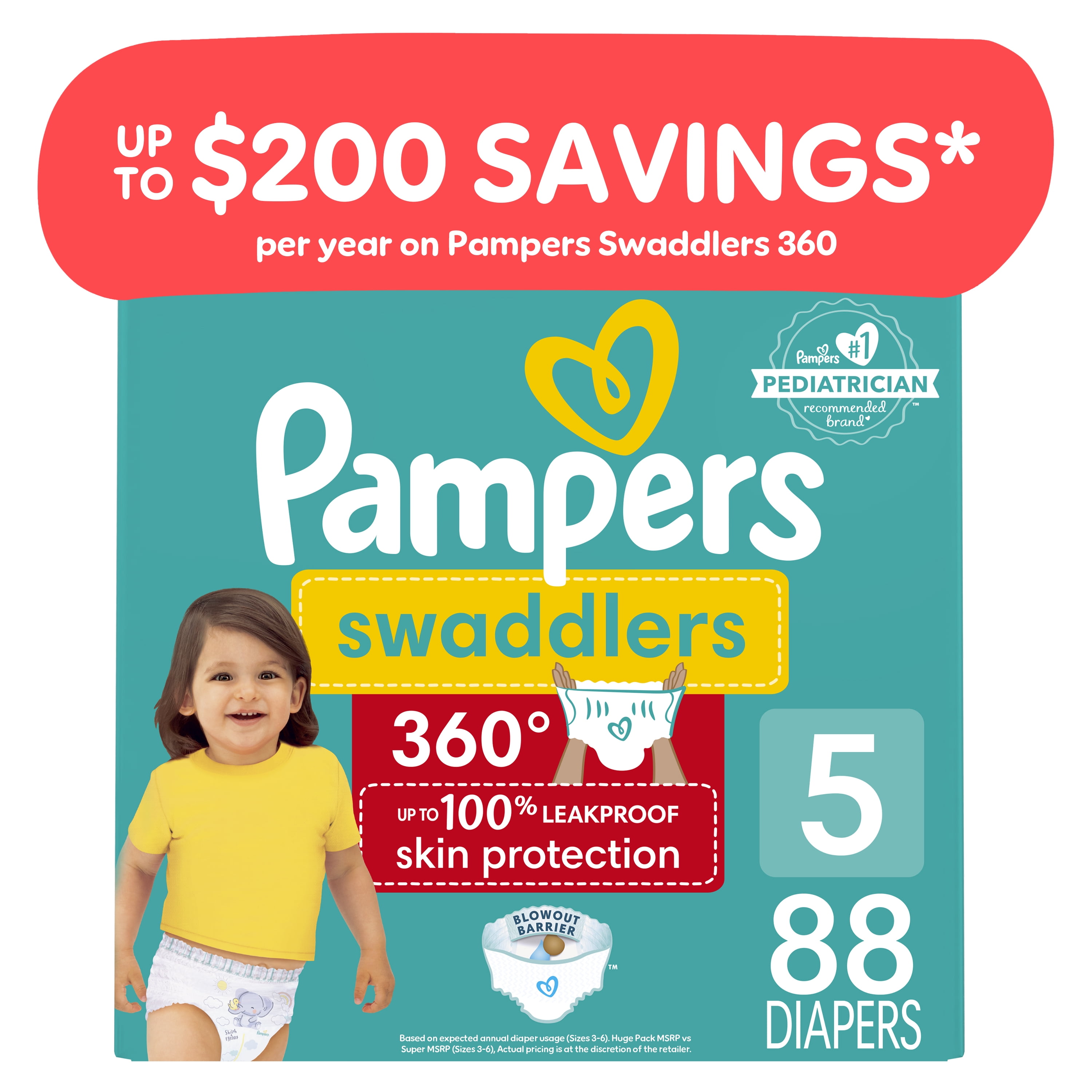 Pampers Swaddlers 360 Pull-On Diapers, Size 5, 88 Count for up to 100% Leakproof Skin Protection and Easy Changes
