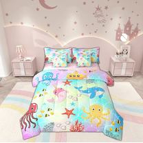 Erosebridal Kawaii Octopus Bedding Sets Twin Size, Cartoon Whale Starfish Comforter Sets with Sheets, Colorful Scale Reversible Bedding Twin Size, Microfiber Room Decorative, 7pcs
