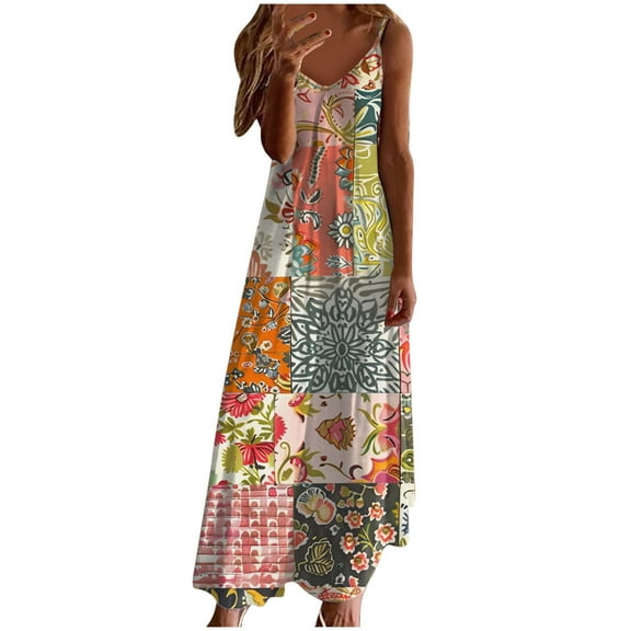 Ruimatai Women's Summer Crew Neck Sleeveless Dress Casual Flowy Long Dress with Floral Print Lightweight Comfortable Beach Vacation Sundress