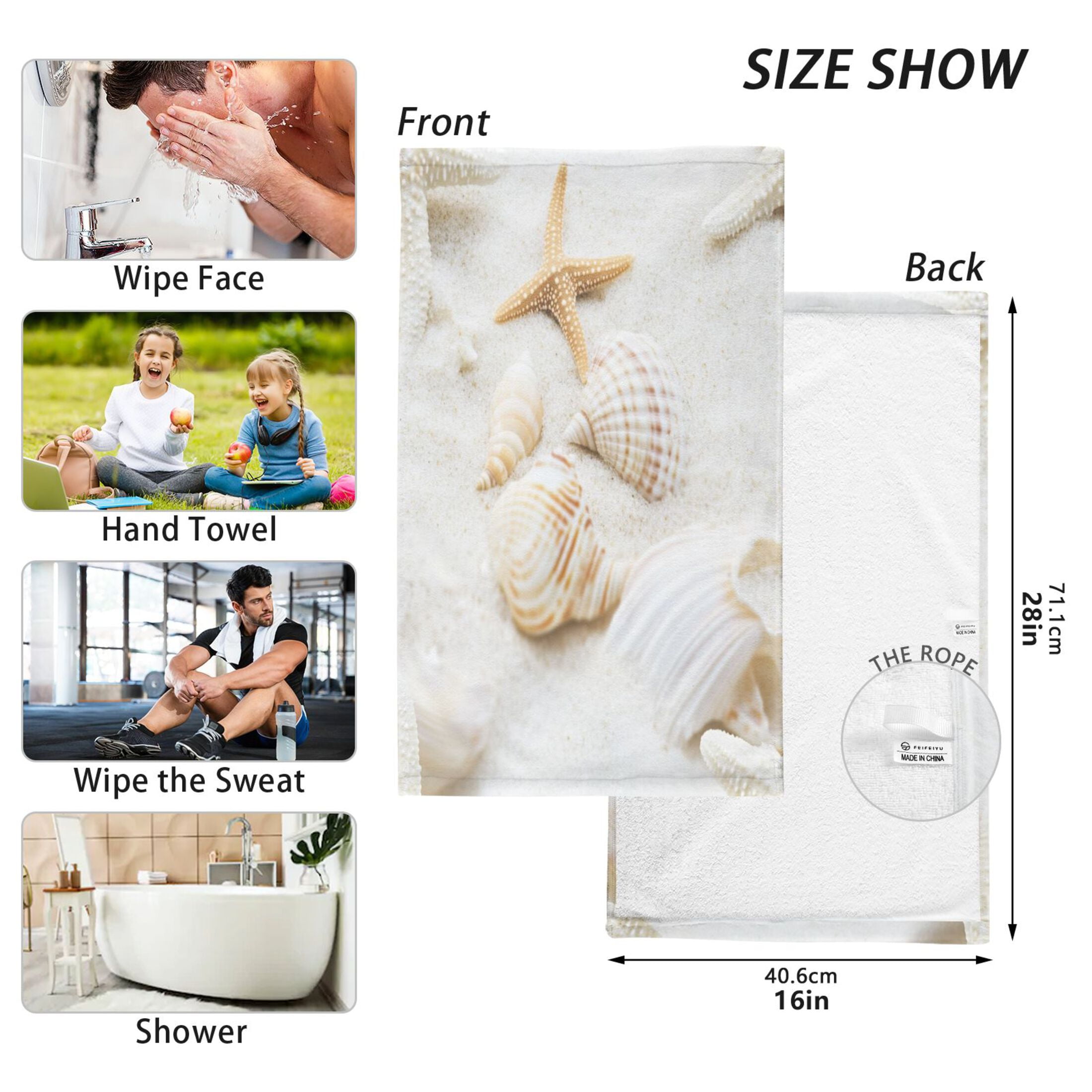2 Piece Cotton Hand Bath Towels Face Towel, 16x28 Inches Towel Set for Bathroom, Hand, Kitchen, Cleaning Seashells and Starfish