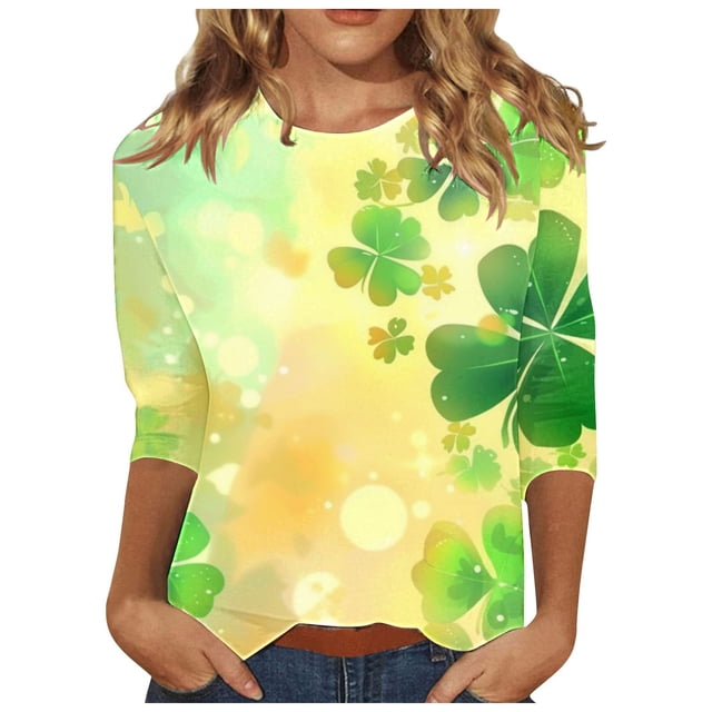 Diufon T-Shirts de la Saint-Patrick pour Femmes, Grande Taille, Imprimé Trèfle, Manches 3/4, Col Rond