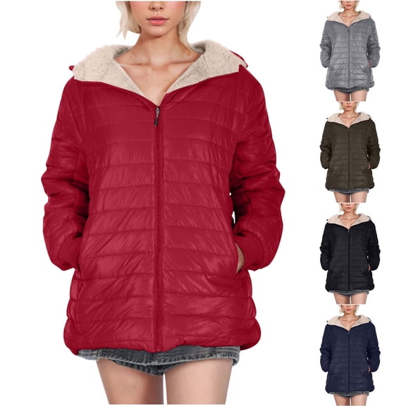 Lovzfmll Winter Coats for Women, Slim Fit Plush Lined Jacket, Zip Up Quilted Sherpa Puffer Coat, Winter Clothing