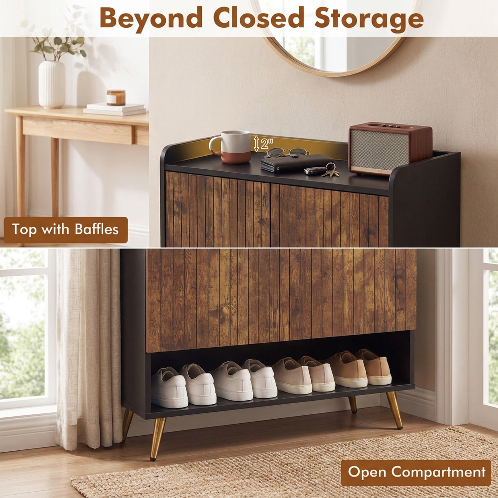Furnibear 44 Inch Tall Shoe Storage Cabinet with 7 Tier Doors and Adjustable Shelves for Entryway Closet Hallway, Rustic Brown