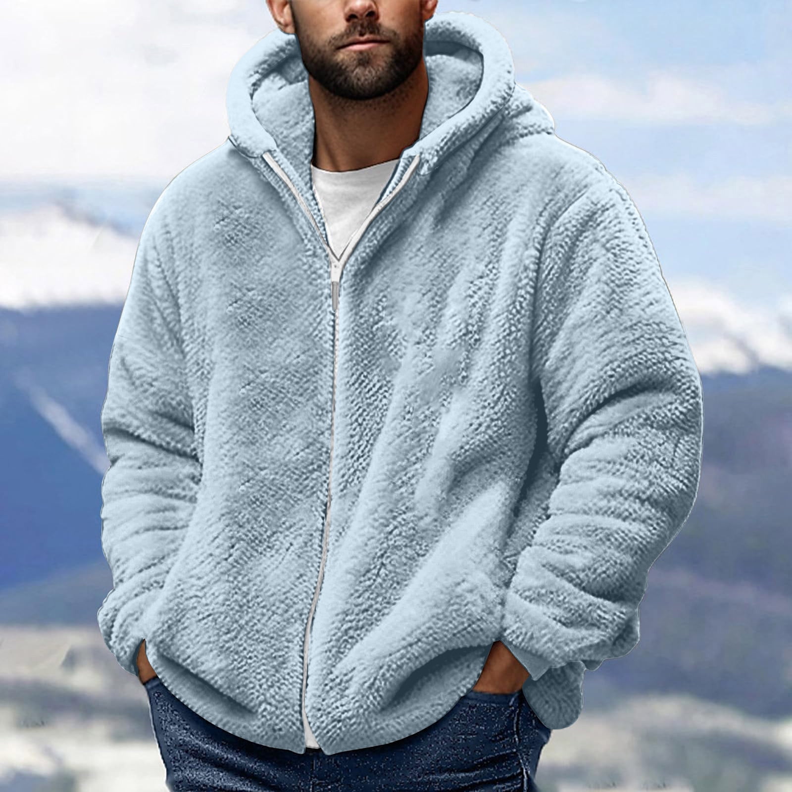 Men Sherpa Jacket Winter Long Sleeved Velvet Hooded Jackets Warm