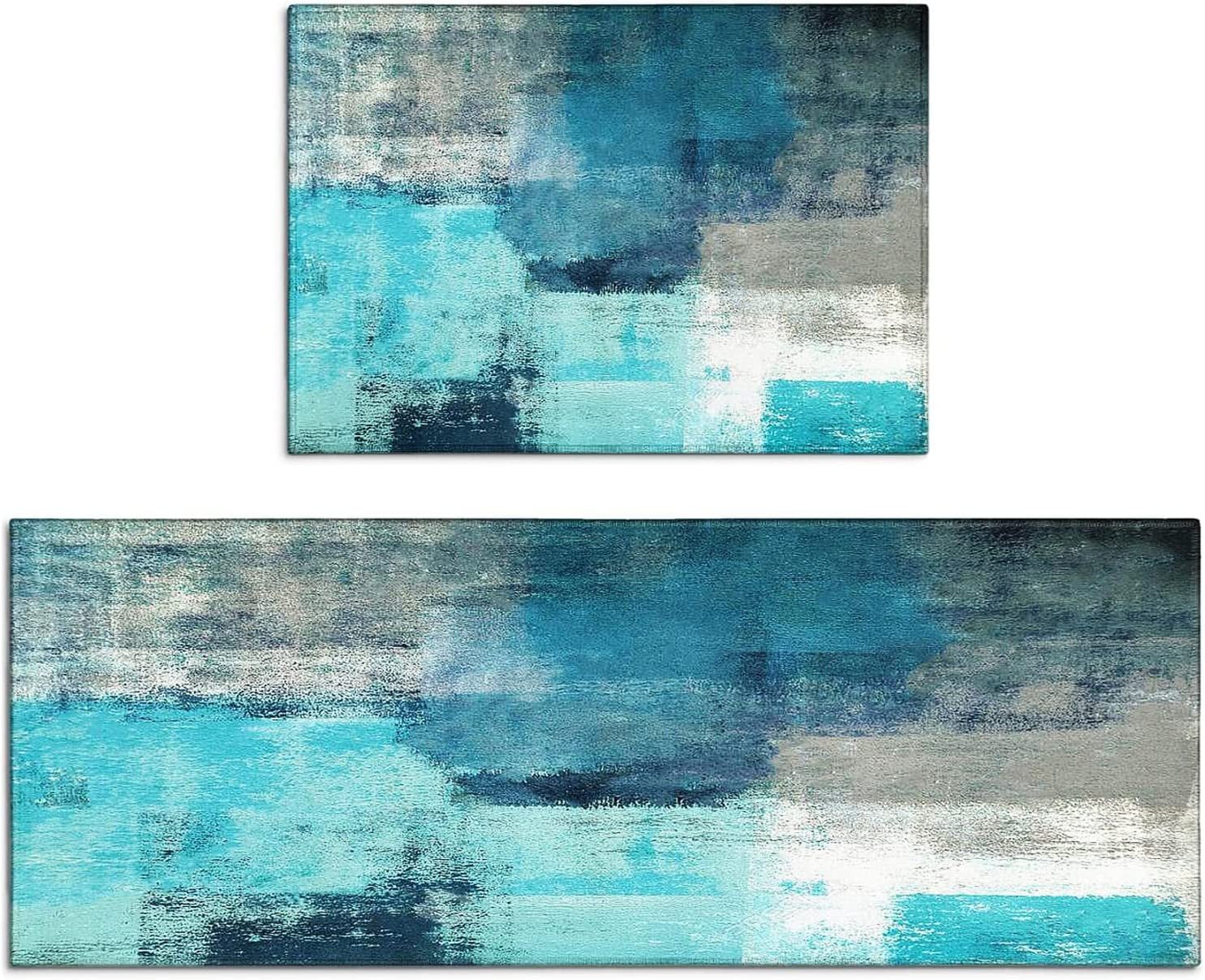 Teal Kitchen Rugs and Mats Sets of 2,Turquoise and Grey Abstract Art