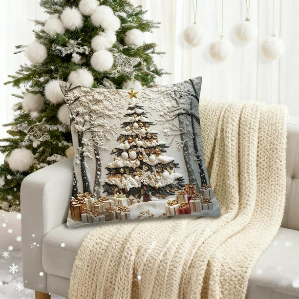 Christmas Pillow Cover Holiday Decoration Polyester Linen Sofa Couch Throw Pillow Case for Living Room Bedroom Seasonal Home Decor Gift