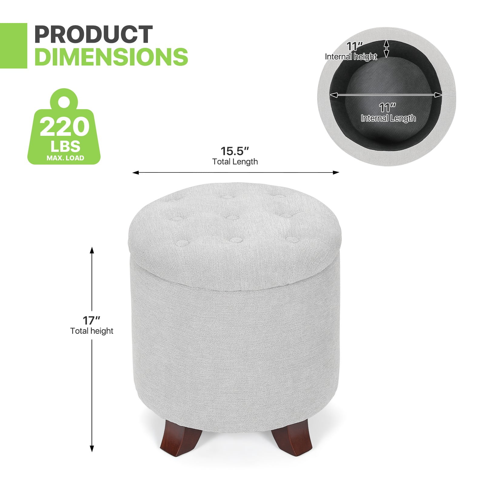 Magshion Storage Ottoman with Padded Seat, Modern Cotton-linen Footrest, Round Seat stool for Living Room Bedroom , Light Gray