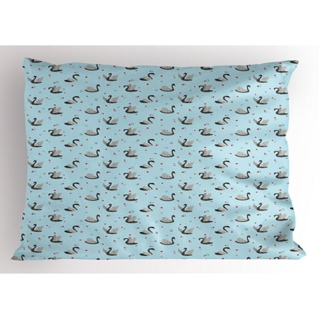 - Swan Pillow Sham Dark Color Swans on Pale Blue Backdrop with Little Black Circles and Red Dots, Decorative Standard Size Printed Pillowcase, 26 X 20 Inches, Grey Pale Blue Red, by Ambesonne