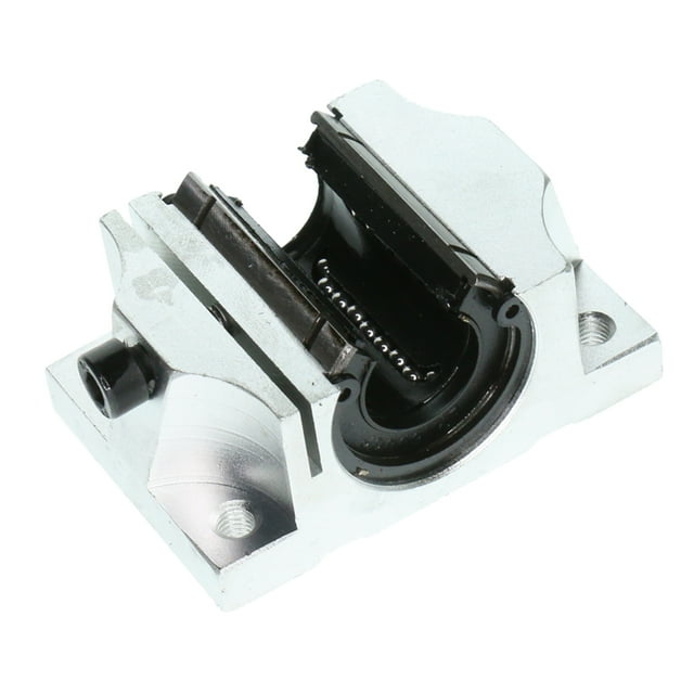 blesiya sbr16uu 16mm metal open liner ball bearing block unidades de deslizamiento lineal zulema rodamiento lineal abierto bloque lineal metálico abierto en vista 3/4, diámetro interior 16 mm TBR16UU, jaula de bolas visible, carcasa de aluminio con dos orificios de montaje y guías internas negras, tamaño aprox. 62 x 42 x 29 mm; adecuado para accesorios y herramientas de maquinaria de precisión y a menudo usado para guiar ejes en montajes compactos.