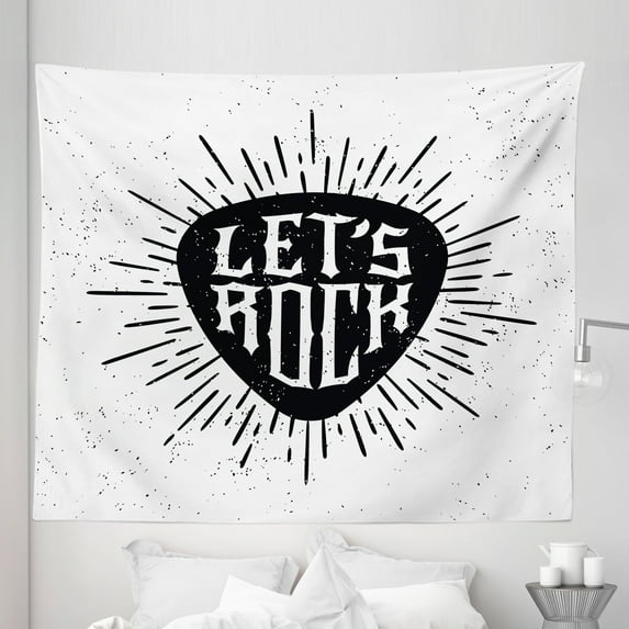 Rock Music Tapestry, Lets Rock Words Monochrome Arrangement Hipster Design Lines and Dots Pattern, Fabric Wall Hanging Decor for Bedroom Living Room Dorm, 5 Sizes, Black White, by Ambesonne