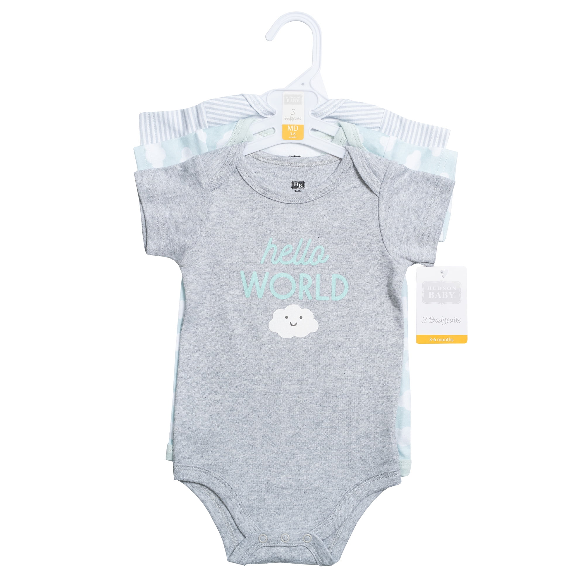 Hudson Baby Infant Cotton Bodysuits 3-Pack, Hello World Cloud, 6-9 Months