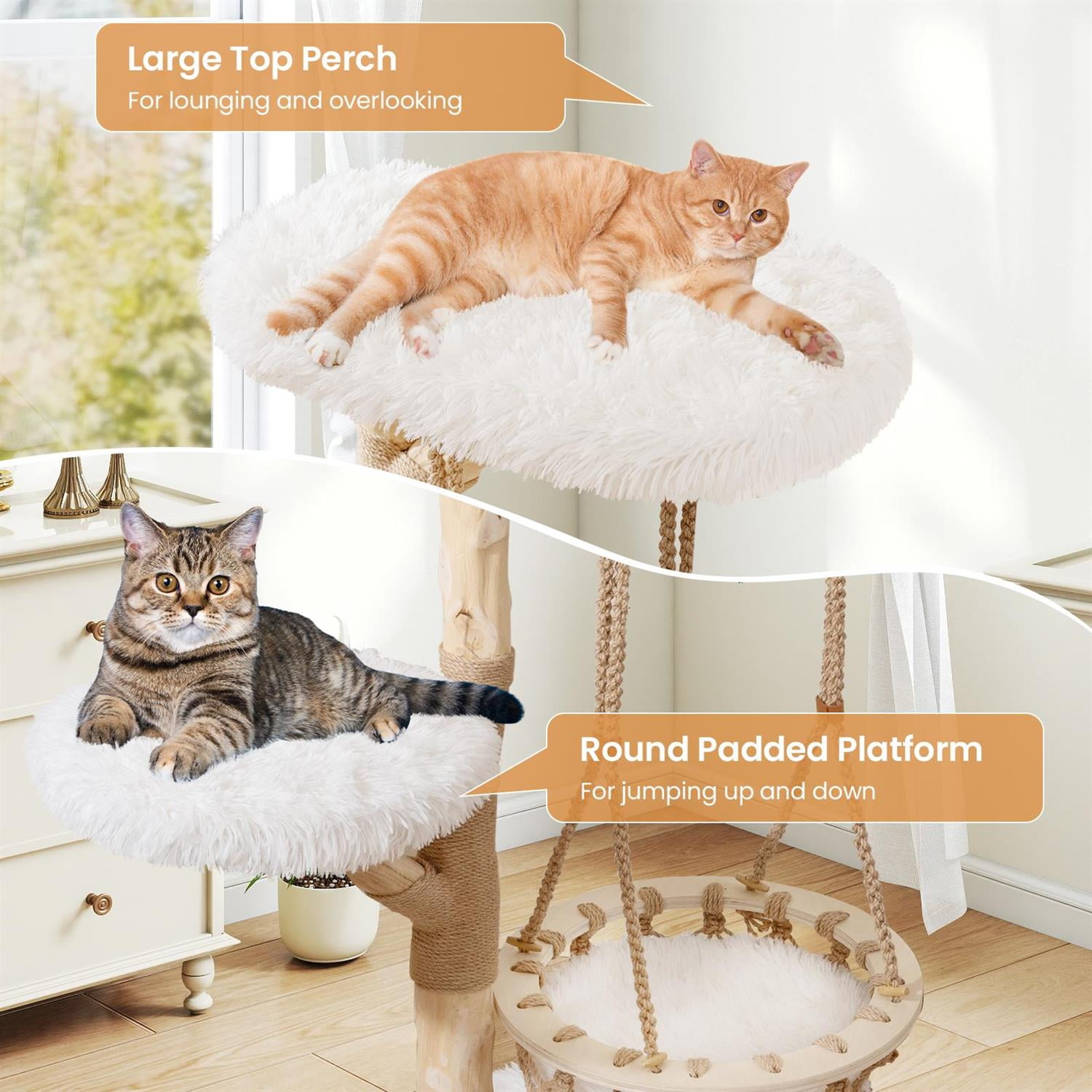 Pefilos 48.5" Solid Wood Cat Tree, Hanging Cradle & Jute Scratching Post, Top Perch & Anti-Toppling, Gray