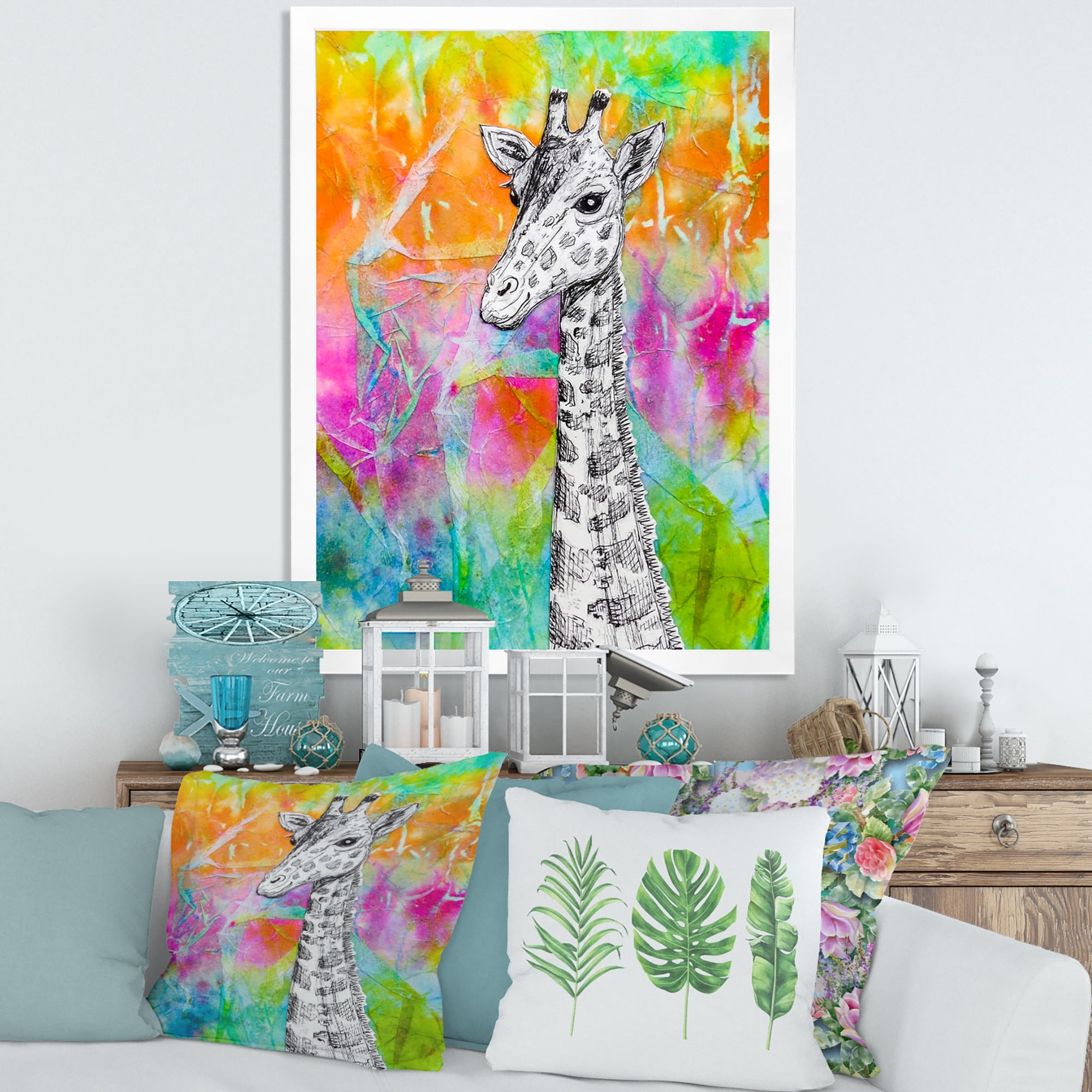 Designart 'Monochrome Giraffe Drawing On Bright Rainbow' Children's Art Framed Art Print