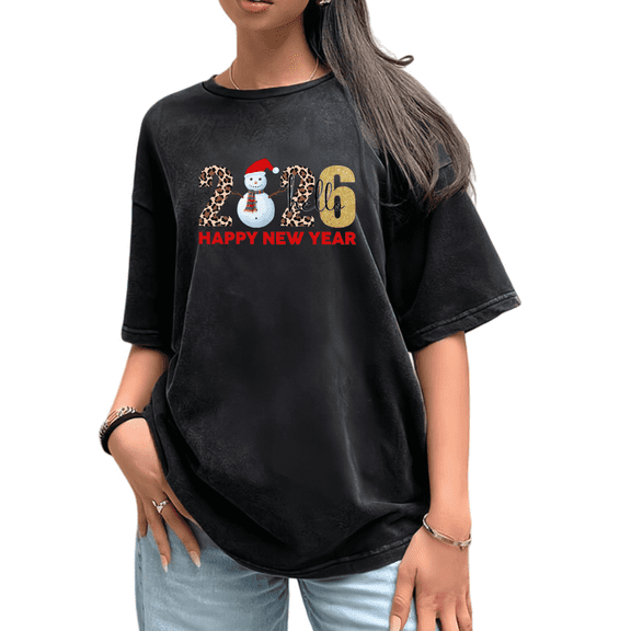 Women's 2026 New Year Snowman Printed Washed Cotton Crew Neck T Shirt Black Plus Size