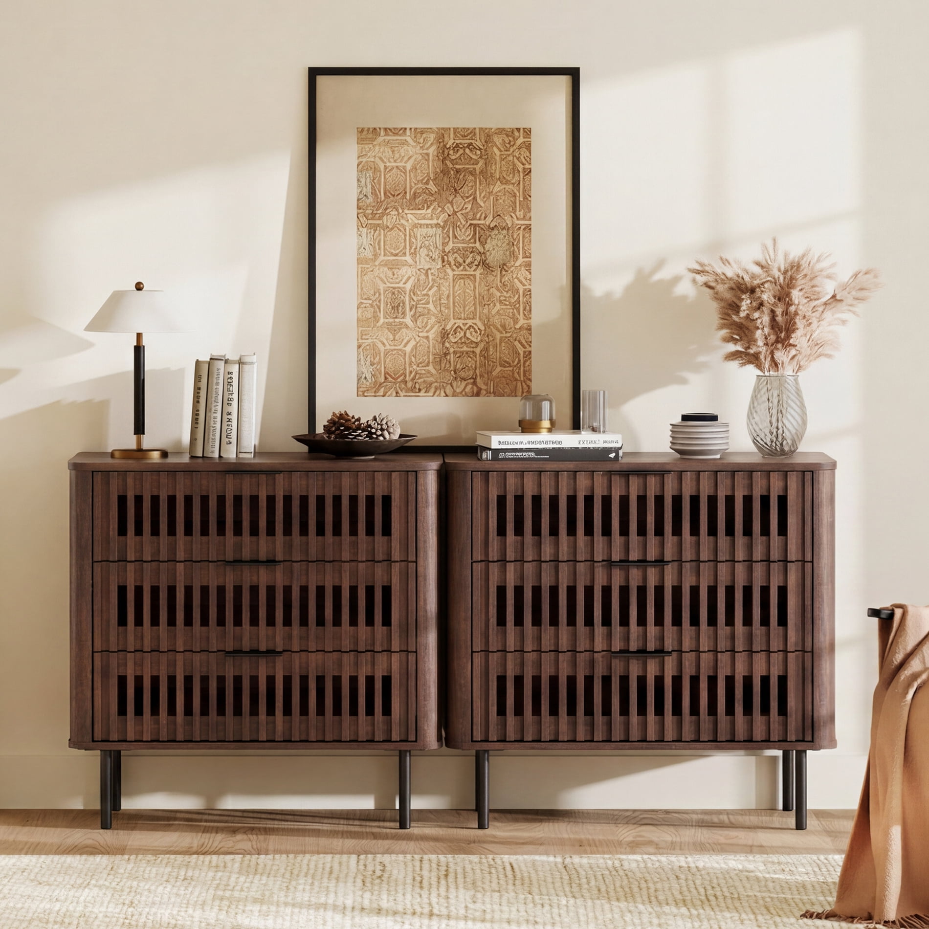 63"W Sideboard Buffet Cabinet with Storage, Fluted Kitchen Buffet Storage Cabinet with 6 Drawer, Large Coffee Bar Cabinet, Modern Buffet Table for Dining Living Room, Walnut