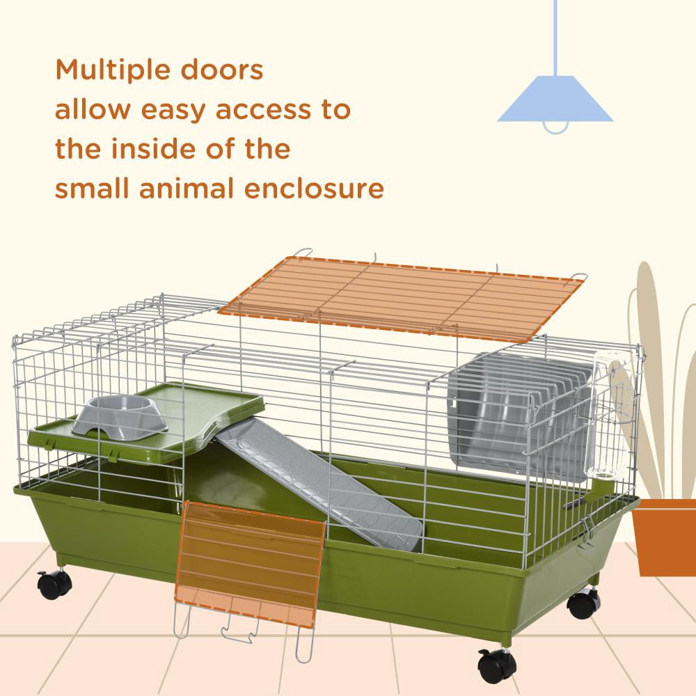 Small Animal Cage with Wheels, 35in Rolling Bunny Cage for Rabbit, Guinea Pig, Chinchilla, Indoor Pet Habitat with Ramp, Platform, Feeder, Water Bottle & Deep Base Tray, Green Small Animal Playpen