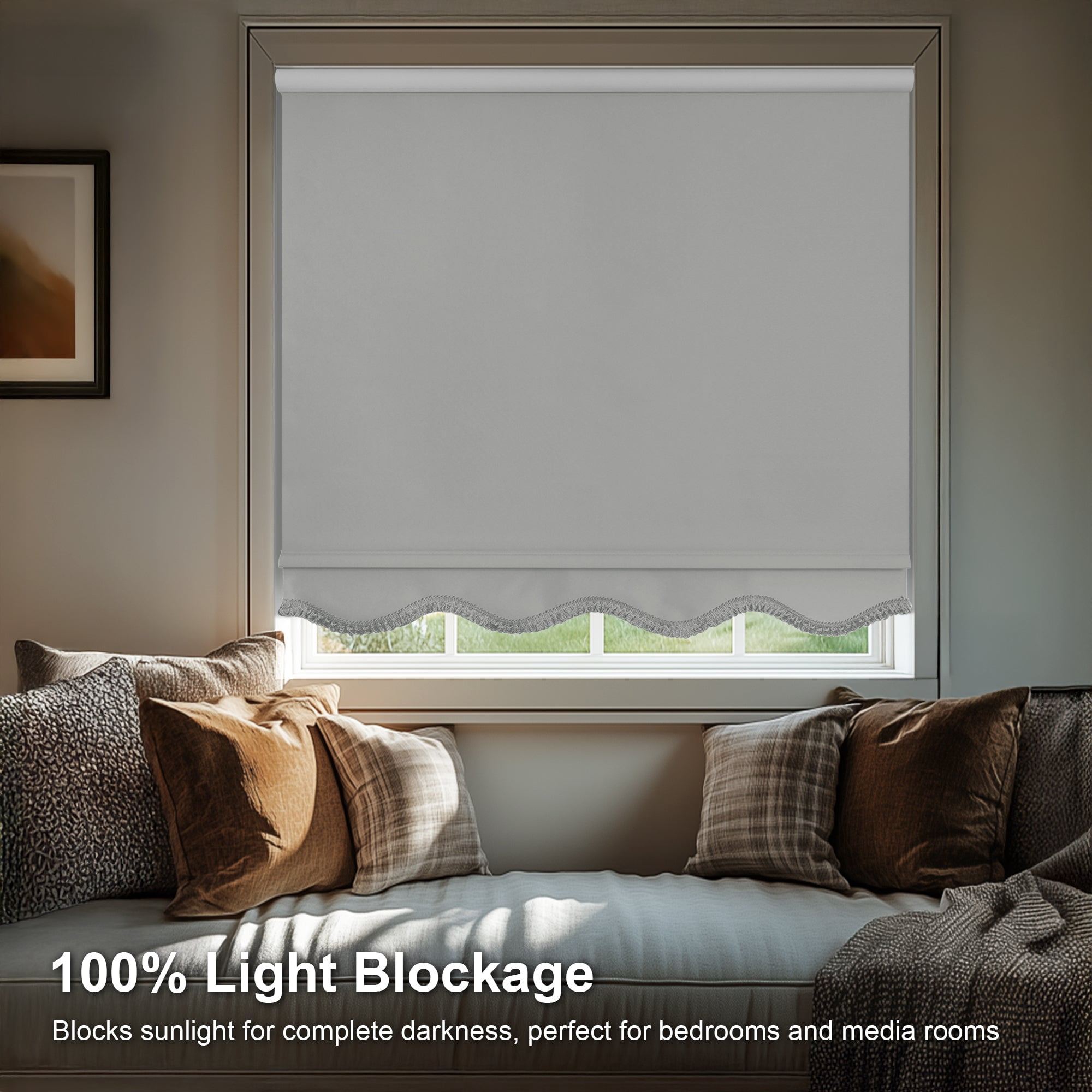 Chicology Blackout Roller Shades with Fringe | Cordless Light Filtering Window Blinds |26"W X 64"H| Decorative Privacy Shades for Home & Office | Easy Install | Gray