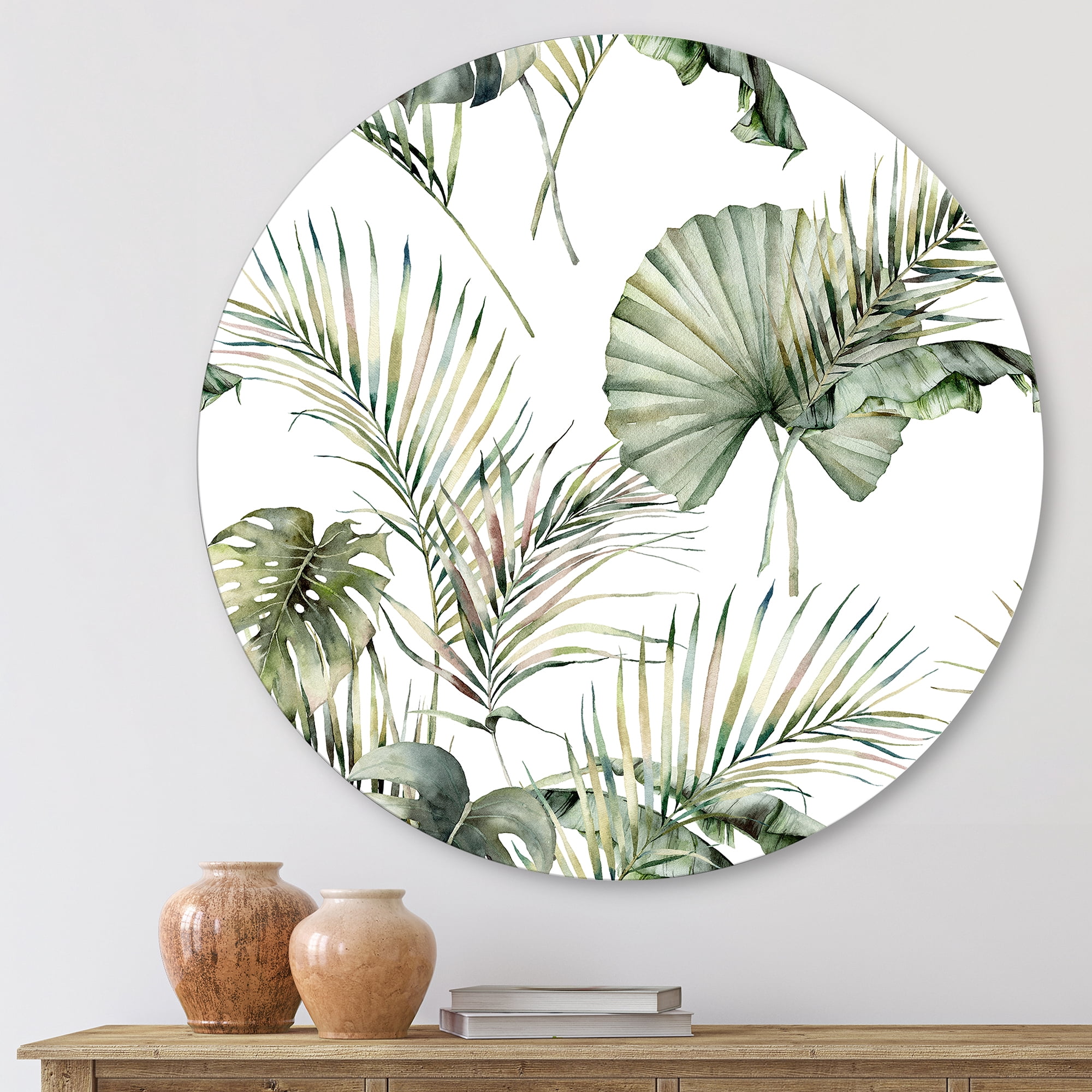 Designart 'Monstera and Coconut Leaves With Tropical Pattern' Traditional Circle Metal Wall Art 11x11 - Disc of 11