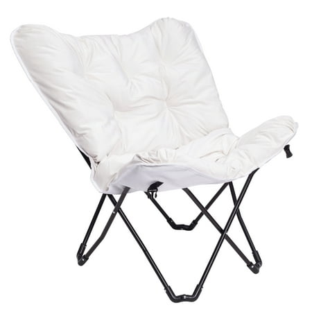 Zenithen Butterfly Folding Chair with High Gloss Black Frame in Tufted Velvet Fabric, White